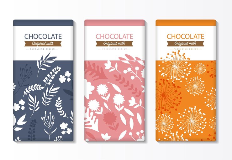 Vettore set di confezioni per barrette di cioccolato. modello di marca di prodotti di lusso alla moda con motivo di etichetta per l'imballaggio.