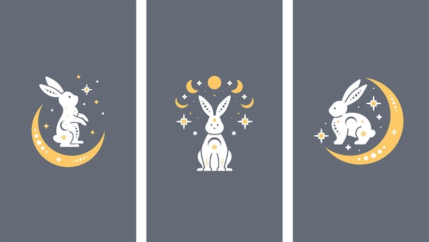 Set di conigli celesti misteriosi Modelli di design mistico alla moda con conigli o lepri stelle luna