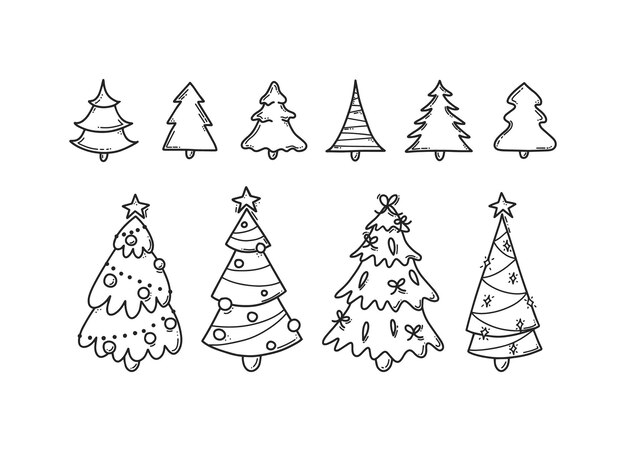 Set di contorni neri di decorazioni per alberi di Natale Illustrazione di doodle di design invernale in stile line art