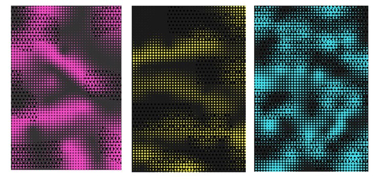Vettore set di copertine astratte con consistenza neon a mezza tonalità sfondo nero con punti stampa gradiente grunge sfondo punteggiato con cerchi punti