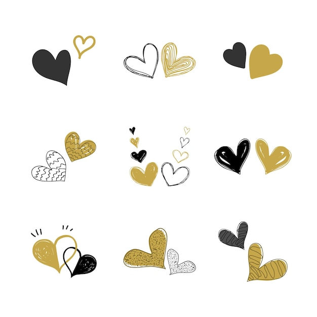 Set di coppia disegnata a mano cuore colore nero e oro