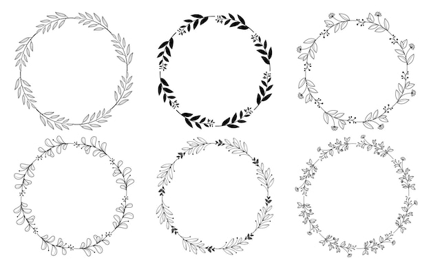 Set di cornici di corone floreali rotonde di doodle disegnato a mano. Elementi di design per cornici a forma di fiore e cerchio foglia per matrimonio, festa della mamma, compleanno, inviti.