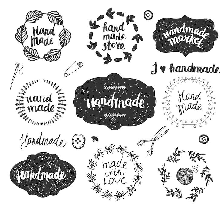 Vettore set di cornici doodle disegnati a mano, distintivi. set grafico negozio fatto a mano, laboratorio, fatto a mano.