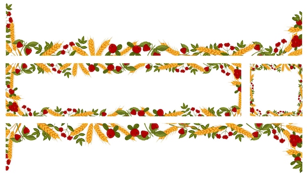 Set di cornici primaverili con lamponi, mirtilli rossi e rami di grano Banner vettoriali estivi isolati su sfondo bianco in stile cartone animato
