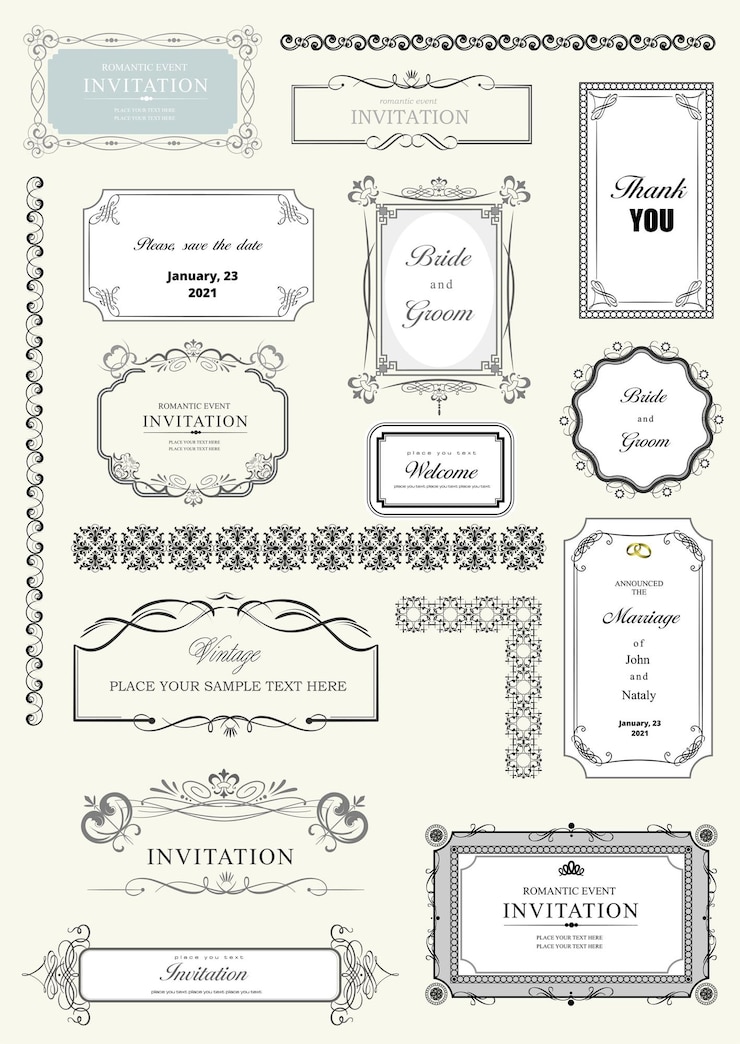 Vettore set di cornici vettoriali ornate e ornamenti con testo di esempio perfetto come invito o annuncio tutti i pezzi sono separati facile cambiare i colori e modificare
