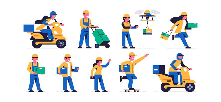 Set di corrieri consegna di pacchi Consegna di ordini Uomini e donne in uniforme da corriere Donna su una moto drone scatole pacco skateboard Persone felici al lavoro Piatto illustrazione vettoriale