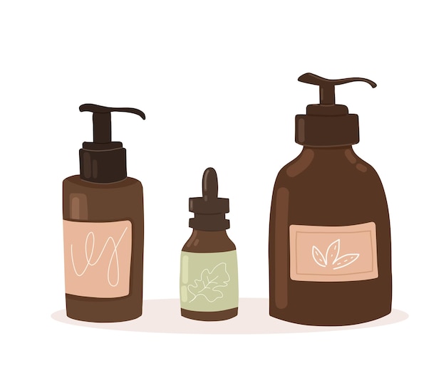 Set di cosmetici biologici Vettoriali Crema naturale siero olio scrub gel shampoo