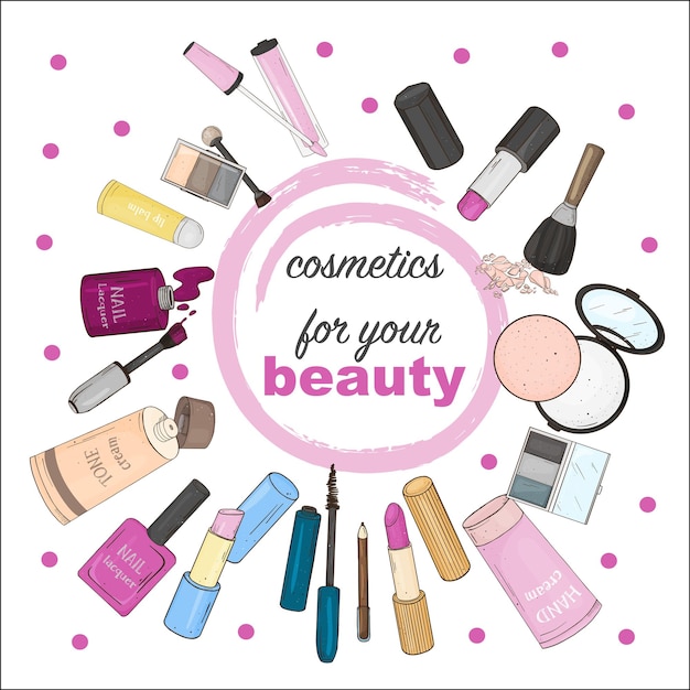 Set di cosmetici disegnati a mano disposti in cerchio