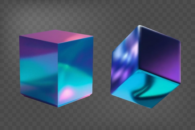 Set di cubi 3D con effetto olografico Poligono gradiente Colore fluido Forme al neon in colori gradienti