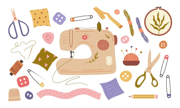 Set di cucito di grandi dimensioni Accessori per macchine da cucire Accessoori per cucire ricamo cerchio elementi vettoriali isolati