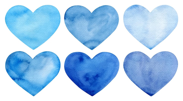 Vettore set di cuori blu dell'acquerello dipinti a mano isolati su sfondo bianco.