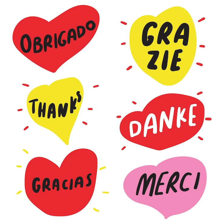 Vettore set di cuori disegnati a mano con parole obrigado grazie grazie danke gracias merci