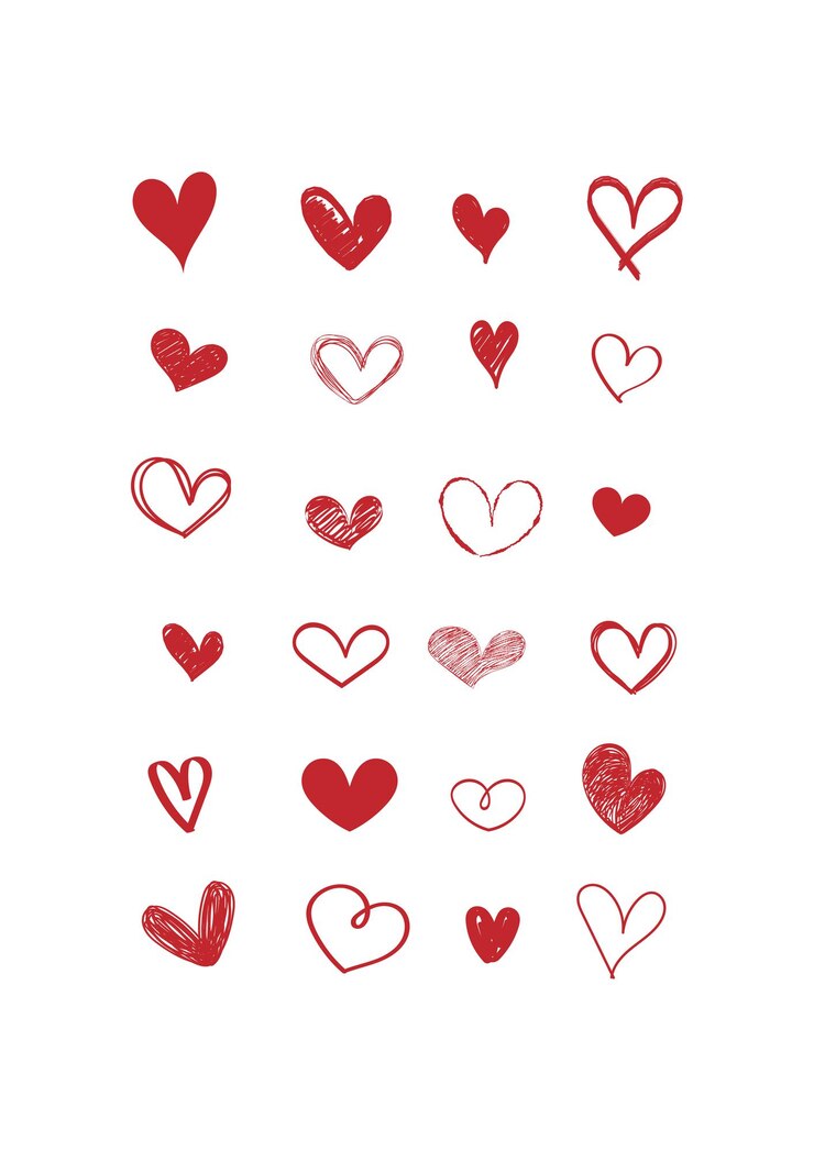 Set di cuori rossi disegnati a mano su sfondo bianco