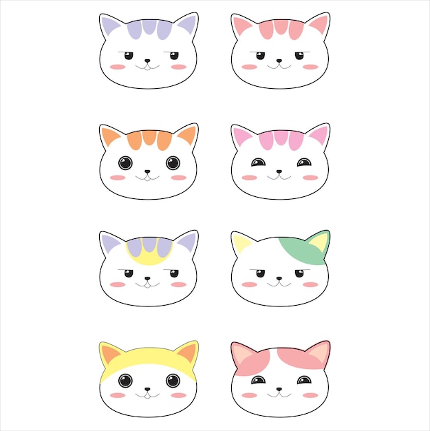 Set di cute gatti faccia isolata su sfondo bianco