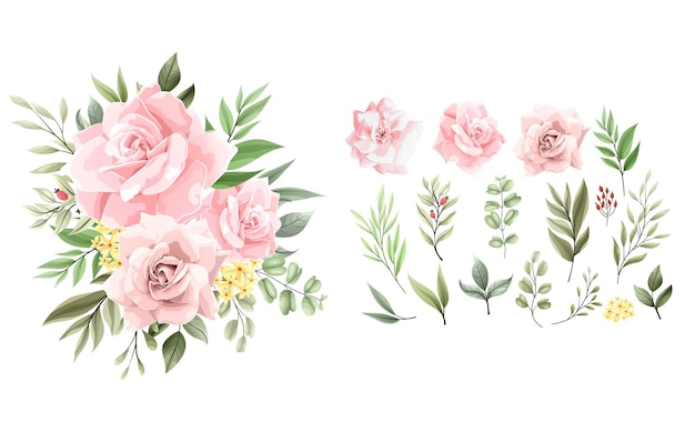 Set di decorazioni per bouquet acquerello con bellissimi fiori rosa