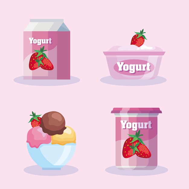 Set di deliziosi prodotti di diario alla fragola