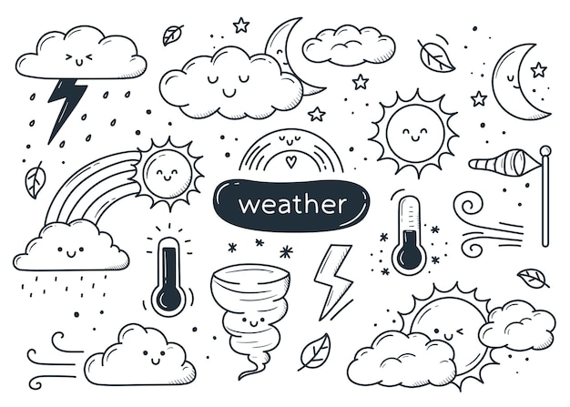 Set di denti kawaii disegnati a mano in stile doodle carino illustrazioni lineari semplici set di disegni meteo carino kawaii nuvole sole luna disegnati a mano in stile doodle