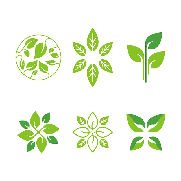 Set di design del logo ecologico verde per lo yoga cibo naturale e biologico