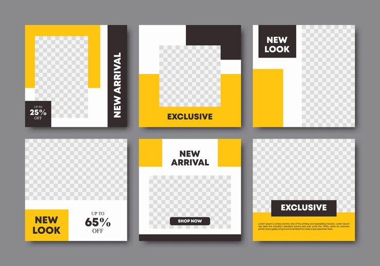 Vettore set di design modello banner quadrato minimo modificabile vendita di promozione di moda per annunci banner web per design promozionale con colore giallo e nero illustrazione vettoriale con college fotografico