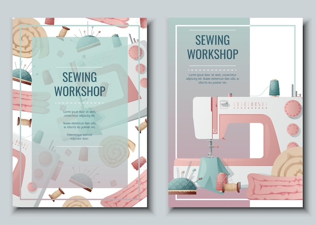 Set di design per volantini con macchina da cucire e forniture per cucire Industria leggera Ricamo hobby cucito Poster banner per atelier laboratorio di cucito