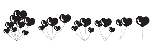Set di design piatto di palloncini bianchi e neri a cuore con elemento vettoriale a corda