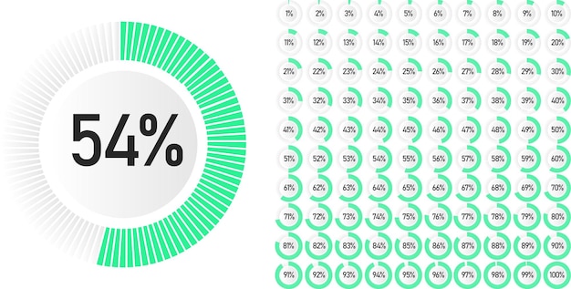 Set di diagrammi percentuali circolari da 0 a 100 pronti all'uso per il web design, interfaccia utente