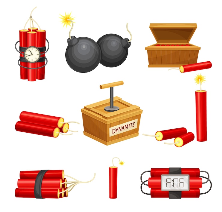 Vettore set di dinamite bastoncini rossi scatola detonatrice e bomba con illustrazione vettoriale del fusibile bickford