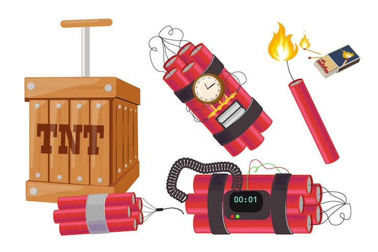 Vettore set di dinamite pericolosa in stile cartone animato illustrazione vettoriale di miscele esplosive di dinamite con un timer fuoco una scatola con fiammiferi una scatoletta con l'iscrizione tnt isolato su uno sfondo bianco