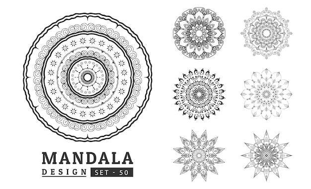 Set di disegni di mandala di fiori bianchi e neri Nuova illustrazione vettoriale dell'arte del mandala