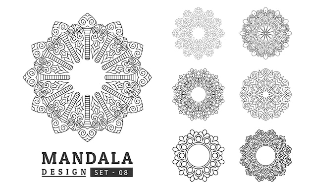 Set di disegni di mandala di fiori bianchi e neri