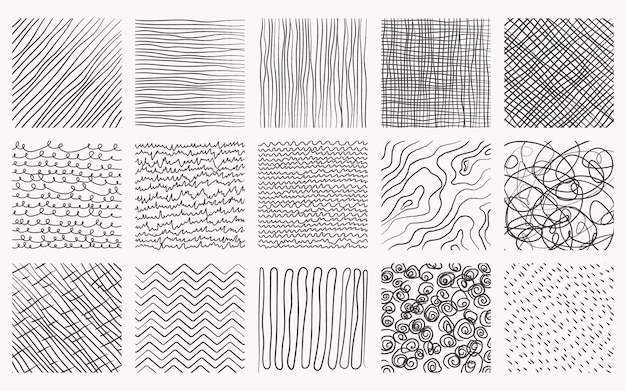 Set di disegni disegnati a mano in quadrati, texture vettoriali fatte con matita, scarabocchi geometrici.