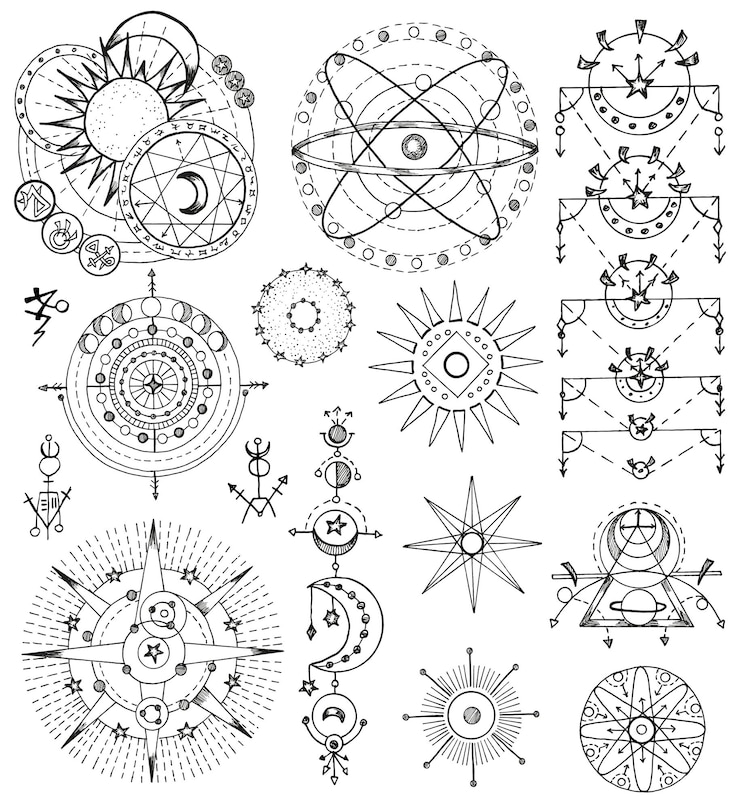 Vettore set di disegni in bianco e nero con simboli mistici fantastici e segni di sole e luna isolati su bianco
