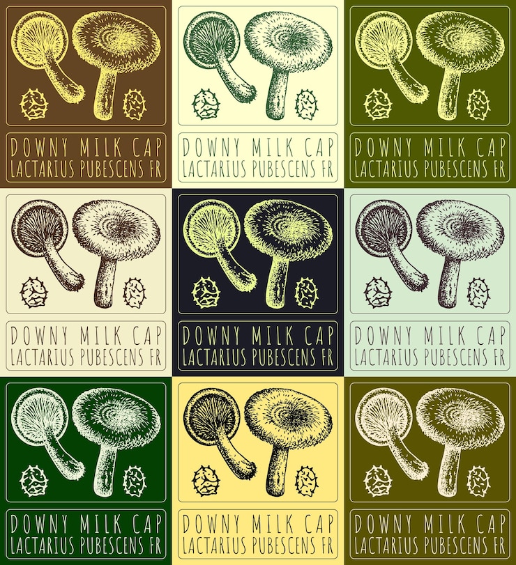 Vettore set di disegni vettoriali downy milk cap in vari colori il nome latino è lactarius pubescens fr