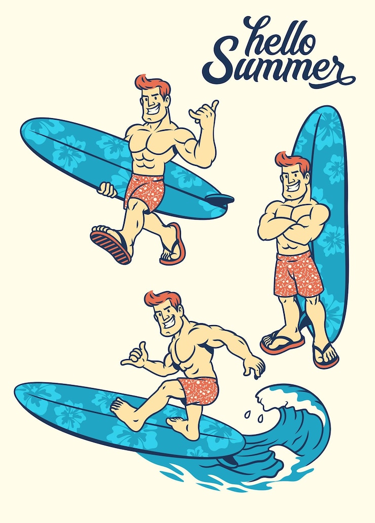 Vettore set di disegno retrò di muscle men surfer