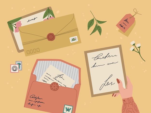 Set di diverse buste con sigilli e francobolli, cartoline, lettere, mano femminile che tiene carta con testo. Illustrazione vettoriale disegnata a mano isolata su sfondo giallo. Stile cartone animato piatto moderno.
