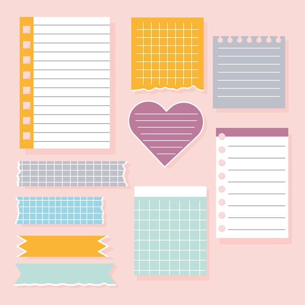 Set di diverse carte per appunti Note di carta su adesivi, blocchetti per appunti e messaggi di promemoria Illustrazione vettoriale
