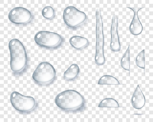 Set di diverse gocce d'acqua goccioline realistiche di liquido puro isolate su sfondo trasparente