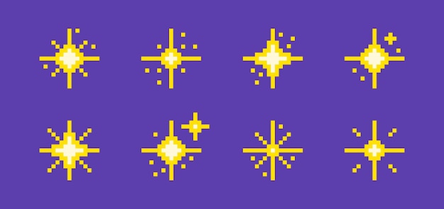 Set di diverse pixel art stelle scintillanti scintille lampeggi simboli per giochi siti web o applicazioni