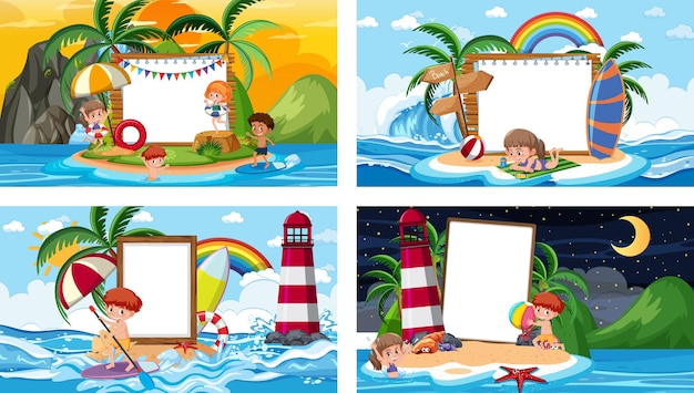 Set di diverse scene di spiaggia tropicale con banner vuoto