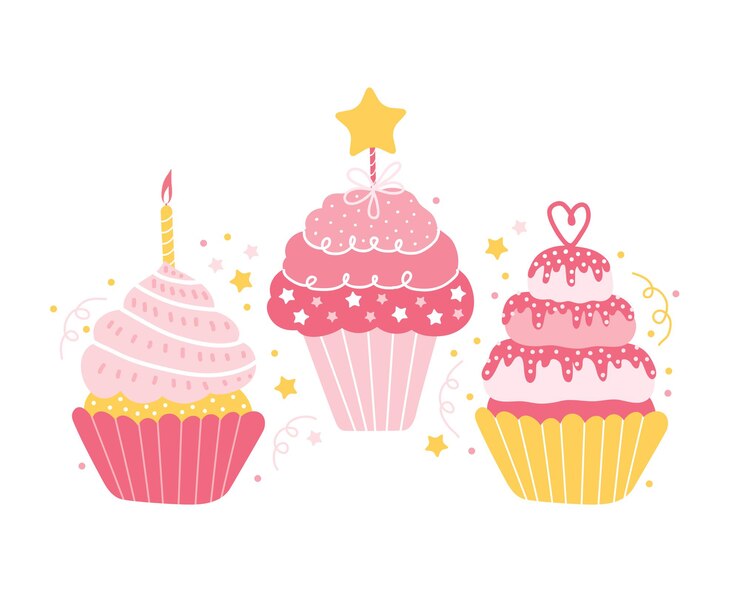 Set di diversi cupcakes rosa festivi isolato.