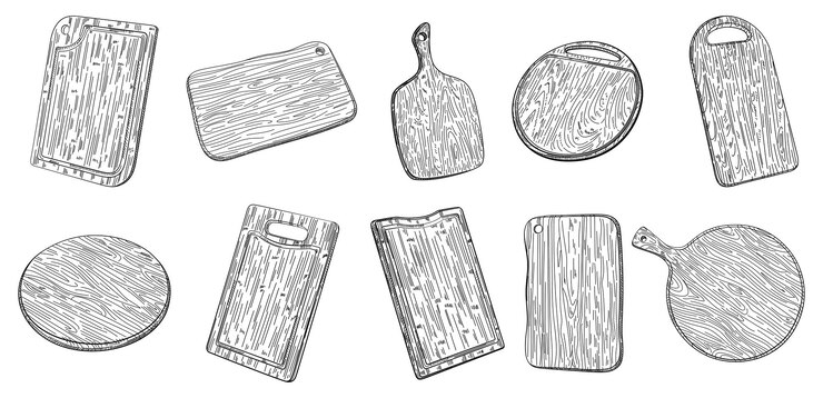 Vettore set di diversi taglieri in legno disegnati a mano con manico barbecue per pizza e collezione di taglieri