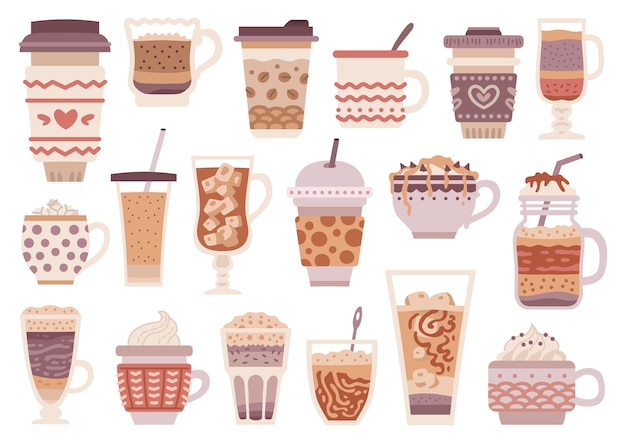 Set di diversi tipi di caffè. Menù bevanda al caffè. Collezione di design della tazza del fumetto.
