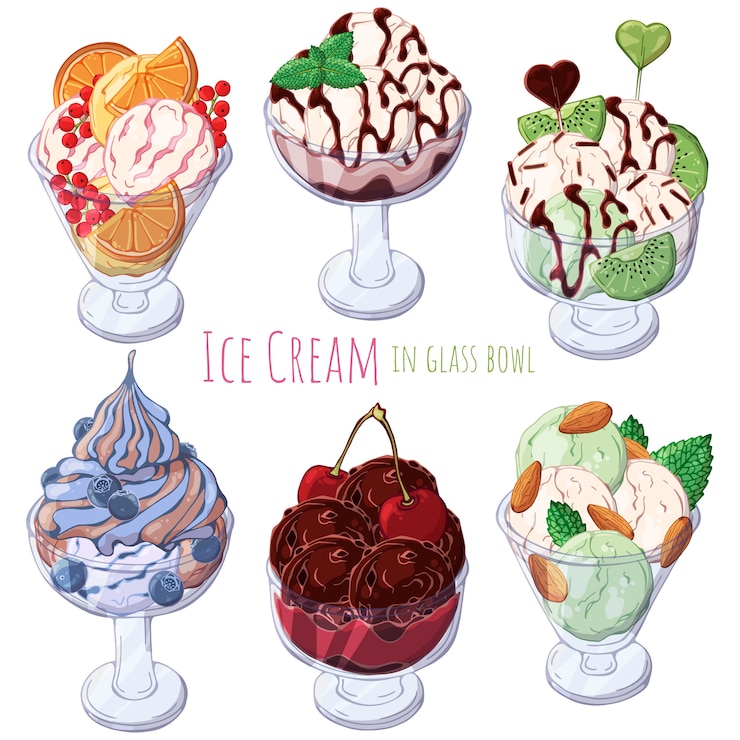 Vettore set di diversi tipi di gelato in ciotole