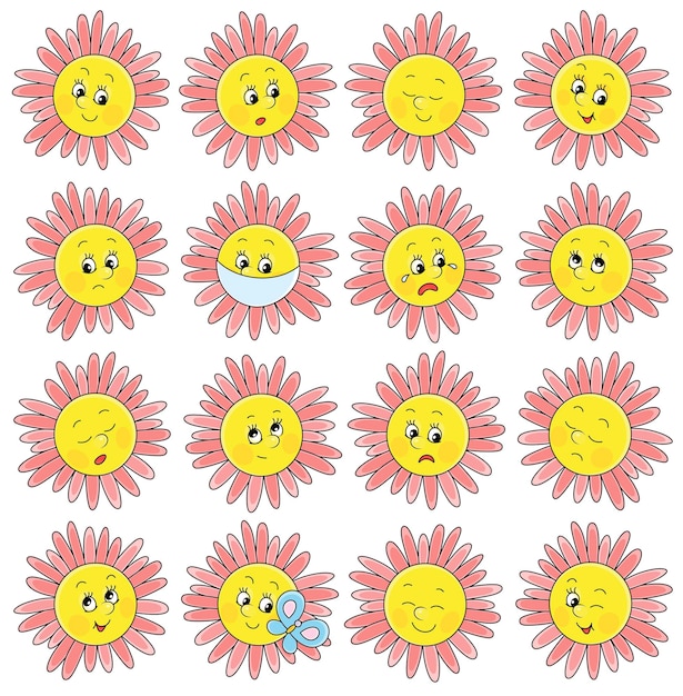 Set di divertenti emoticon di fiori gialli e rosa con volti sorridenti tristi e molti altri