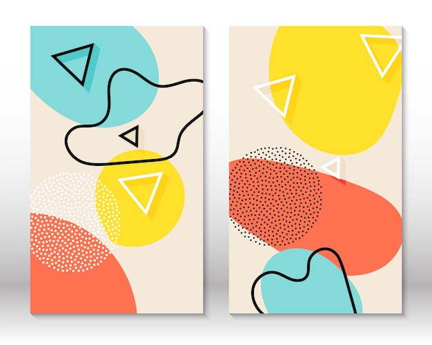 Set di divertenti modelli di doodle Stile hipster anni '80 e '90 Elementi di Memphis Fluidi colori giallo blu corallo