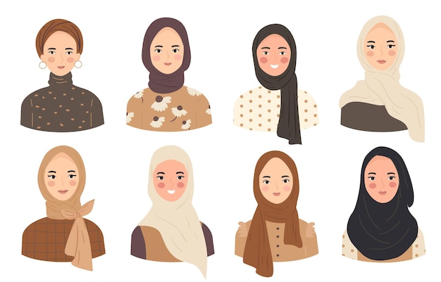 Set di donne che indossano l'hijab in stile trendy vari avatar di personaggi femminili