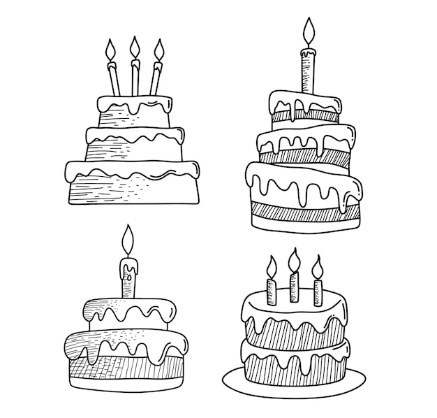 Set di doodle di torta di compleanno.