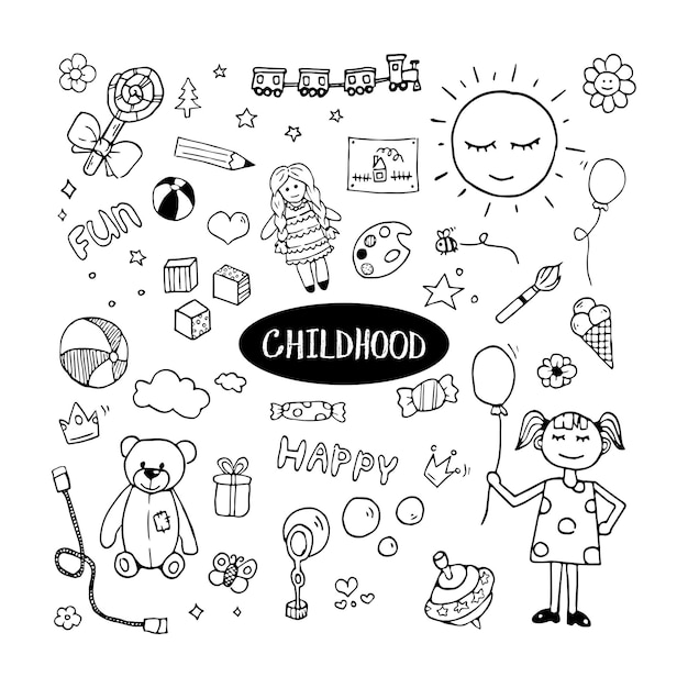 Set di doodle disegnati a mano con elementi per l'infanzia Clip art in bianco e nero Contorno Giocattolo per bambini