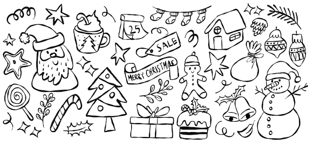 Set di doodle natalizie disegnate a mano con illustrazioni festive in bianco e nero