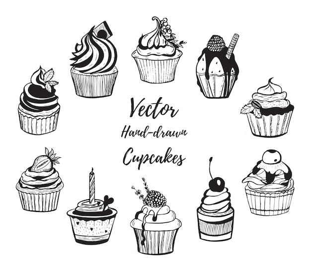 Set di doodle vettoriali di cupcakes Icone alimentari disegnate a mano Elementi disegnati a mano per menu bar e ristoranti